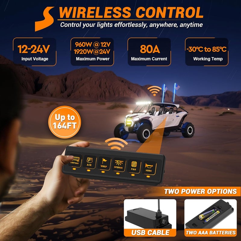 SS VISION لوحة مفاتيح لاسلكية 6 قنوات، 12 فولت 80 أمبير، لوحة مفاتيح مساعدة للسيارات، نظام تحكم دائري عالمي مع 4 أوضاع إضاءة ووظيفة ذاكرة للسيارات والشاحنات وUTV وATV والقوارب وRV والطرق الوعرة - Image 3